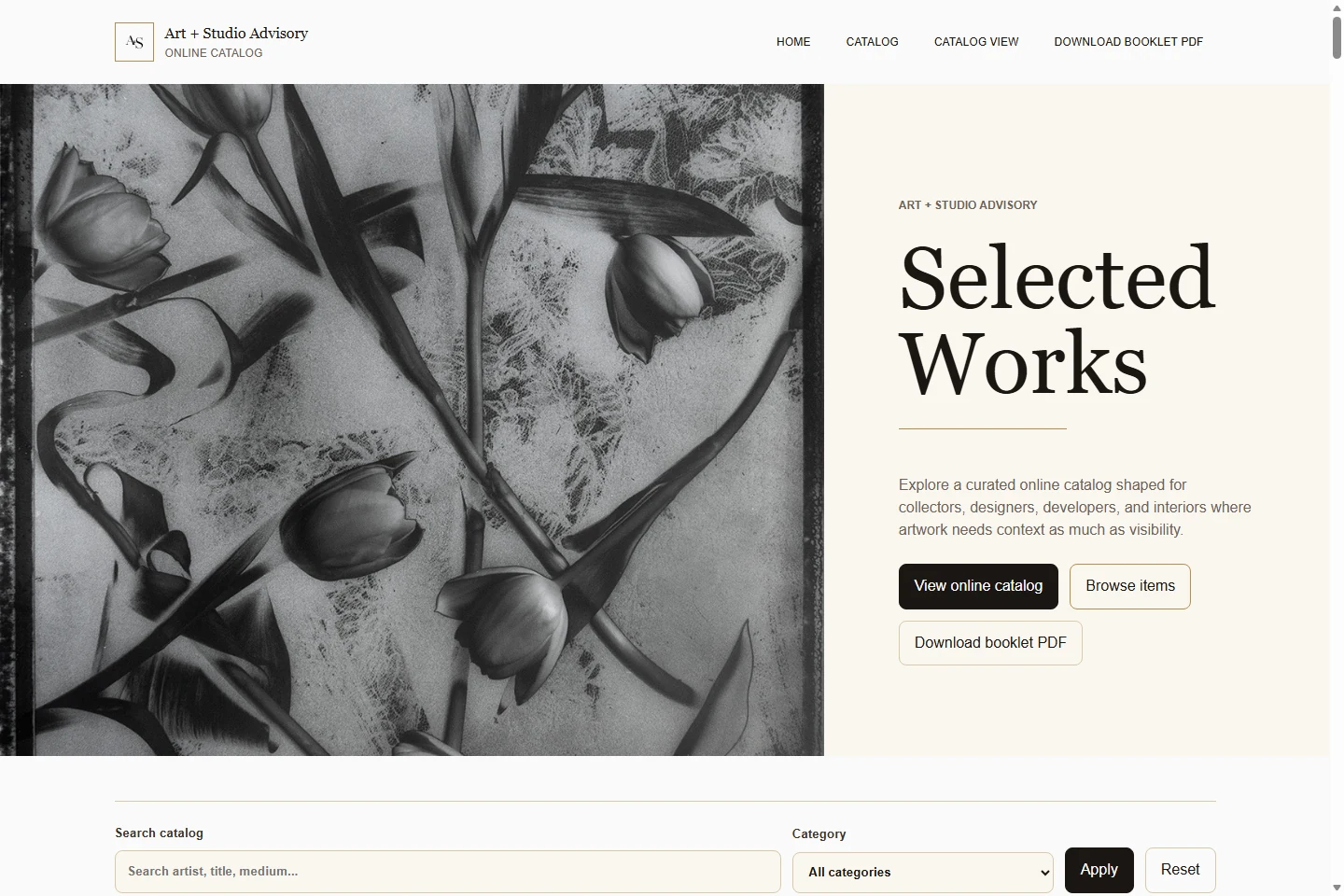 The live Art + Studio Advisory catalog, with artwork photography, a Selected Works introduction, and catalog navigation.