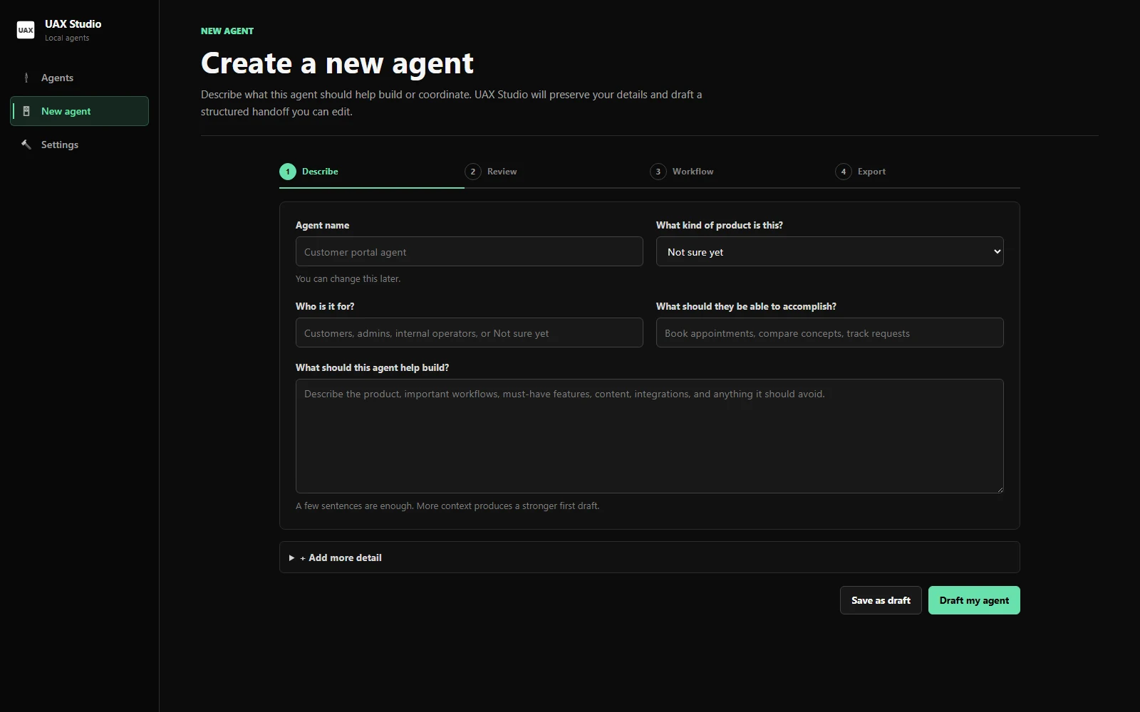 A development screenshot of UAX Studio’s Create a new agent screen, with a guided brief and review, workflow, and export steps.