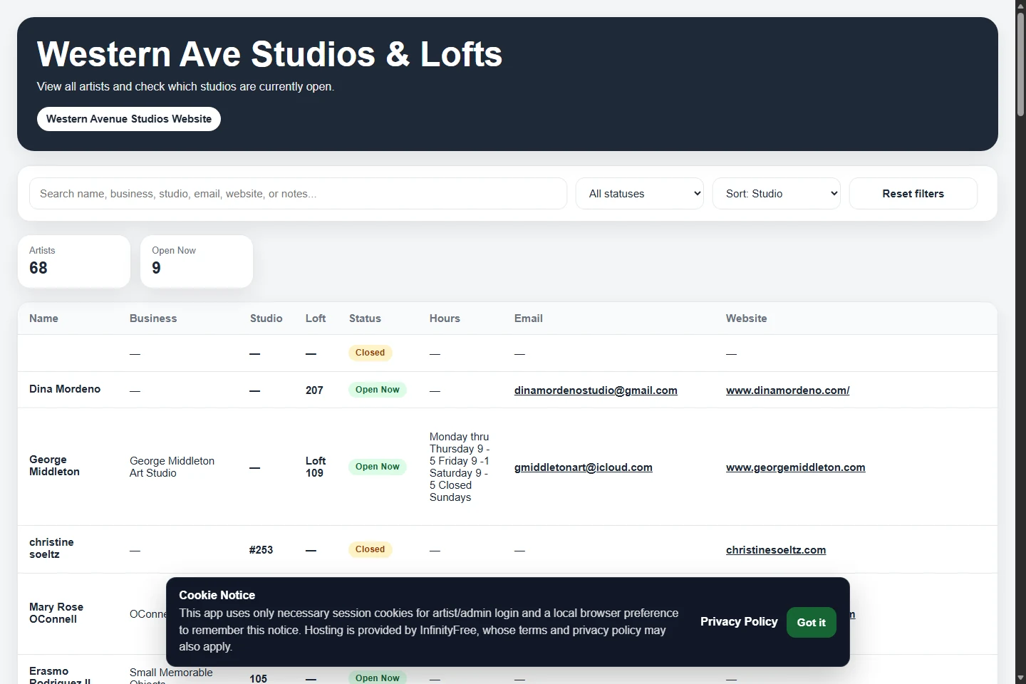 The live Western Avenue Studios availability app with search, studio sorting, and open or closed status indicators.
